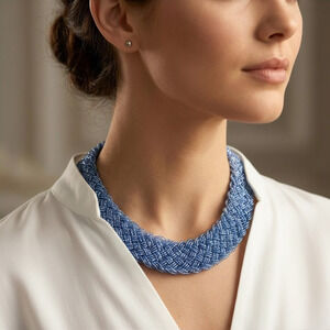 Vintage Seed Bead Woven Bib Collar Necklace | Iridescent Cornflower Sky Blue